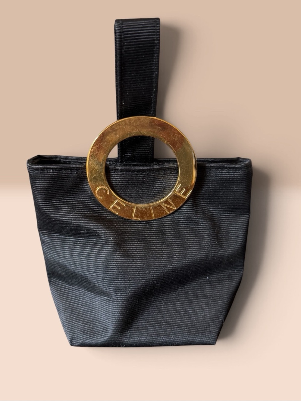 Vintage 1990’s Celine Black Mini Wristlet with Gold Ring